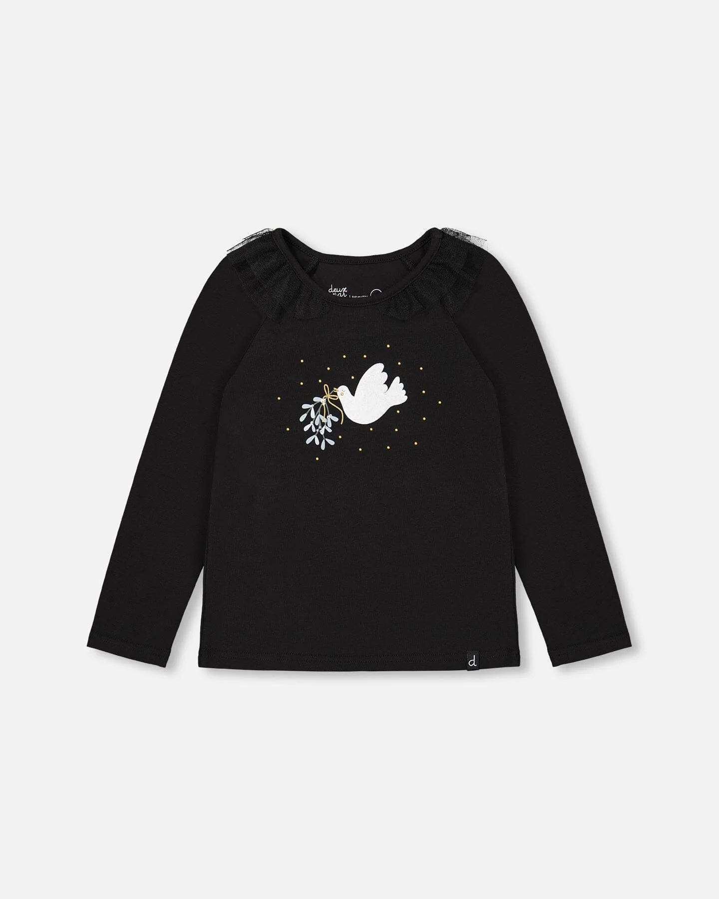 Deux par Deux Long Sleeve Organic Cotton Printed Top with Frills - Anthracite / Black