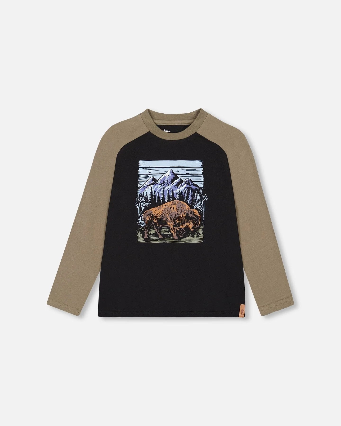 Deux par Deux Raglan Jersey T-Shirt with Buffalo Print - Anthracite / Black / Khaki