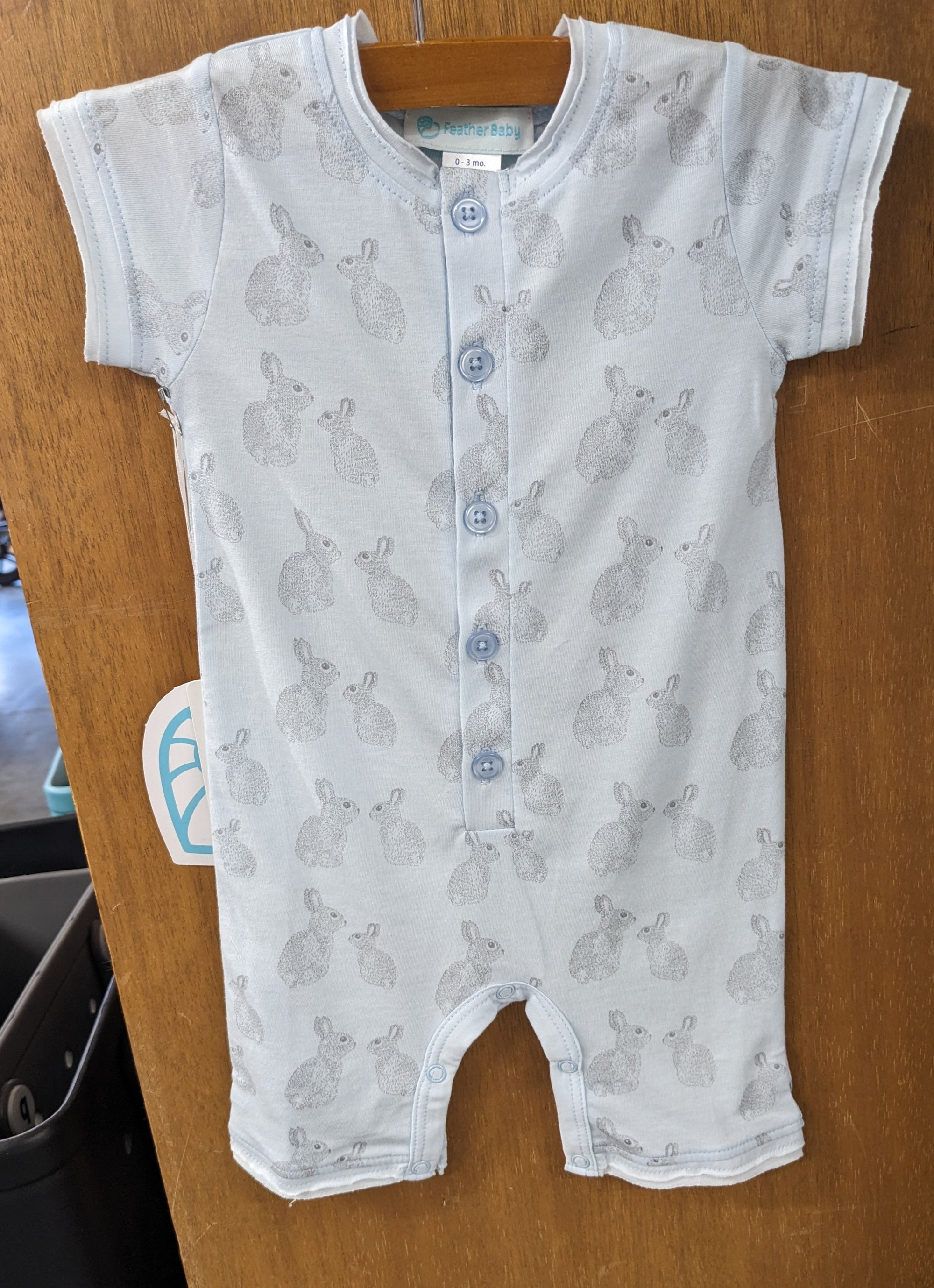 Feather Baby Henley Romper - Sketched Bunnies on Baby Blue