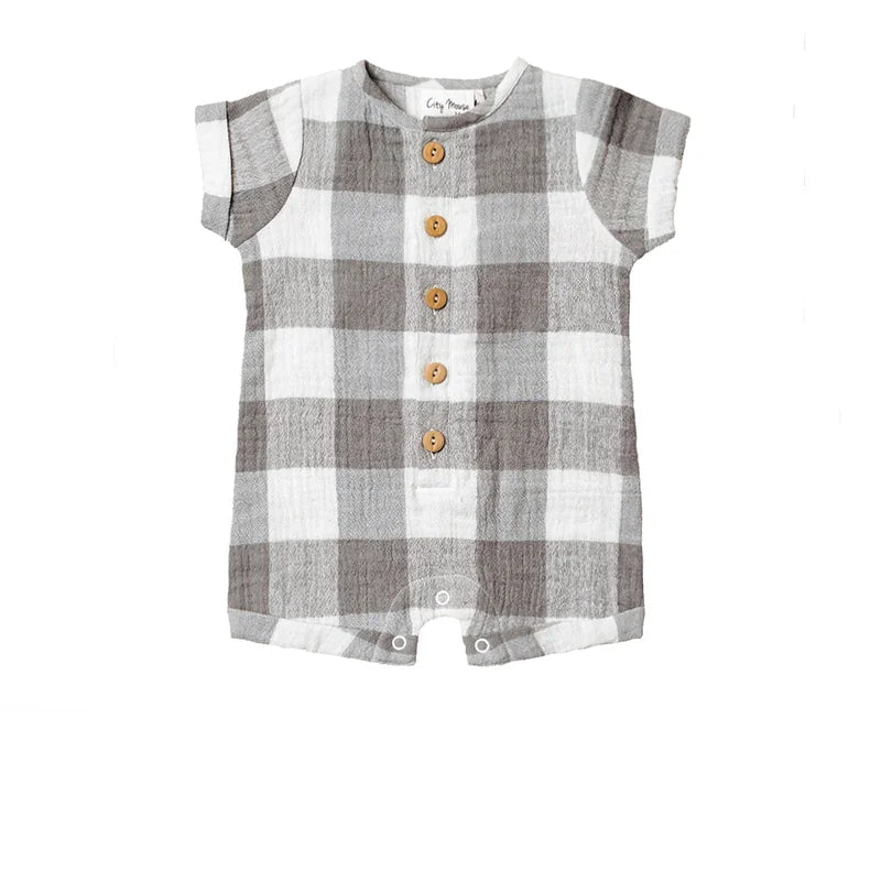 City Mouse Organic Cotton Short Button Romper - Silver Check