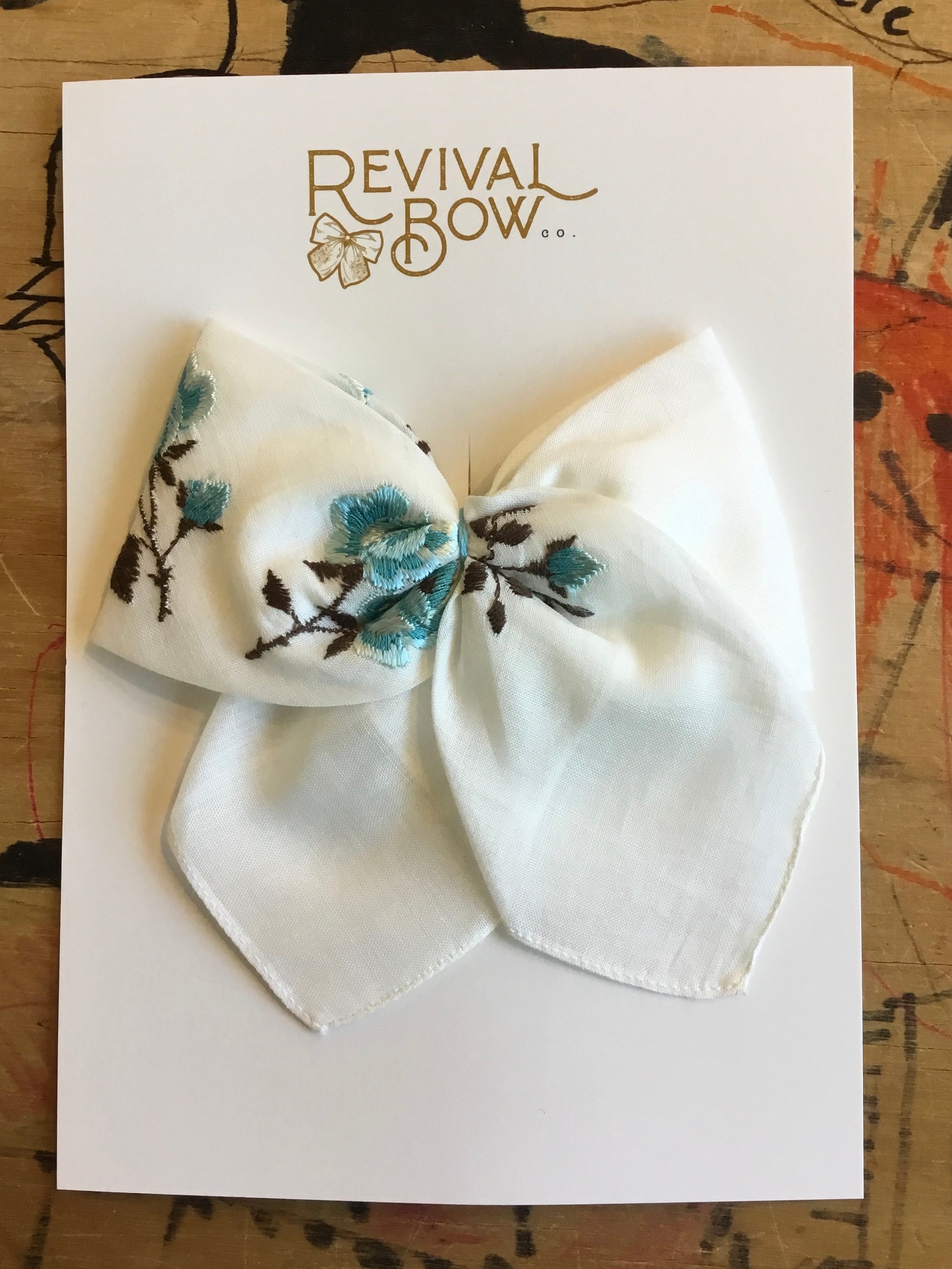 Revival Bow Co - White with Blue Embroidery Vintage Handkerchief