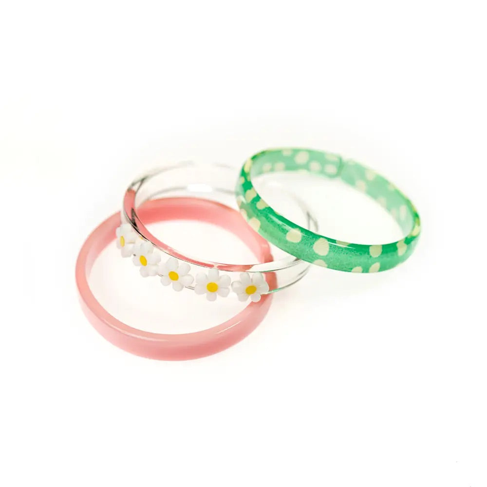 Lilies & Roses Single Daisy + Prints Bangle Bracelet - Green with Dots / Daisies / Solid Pink