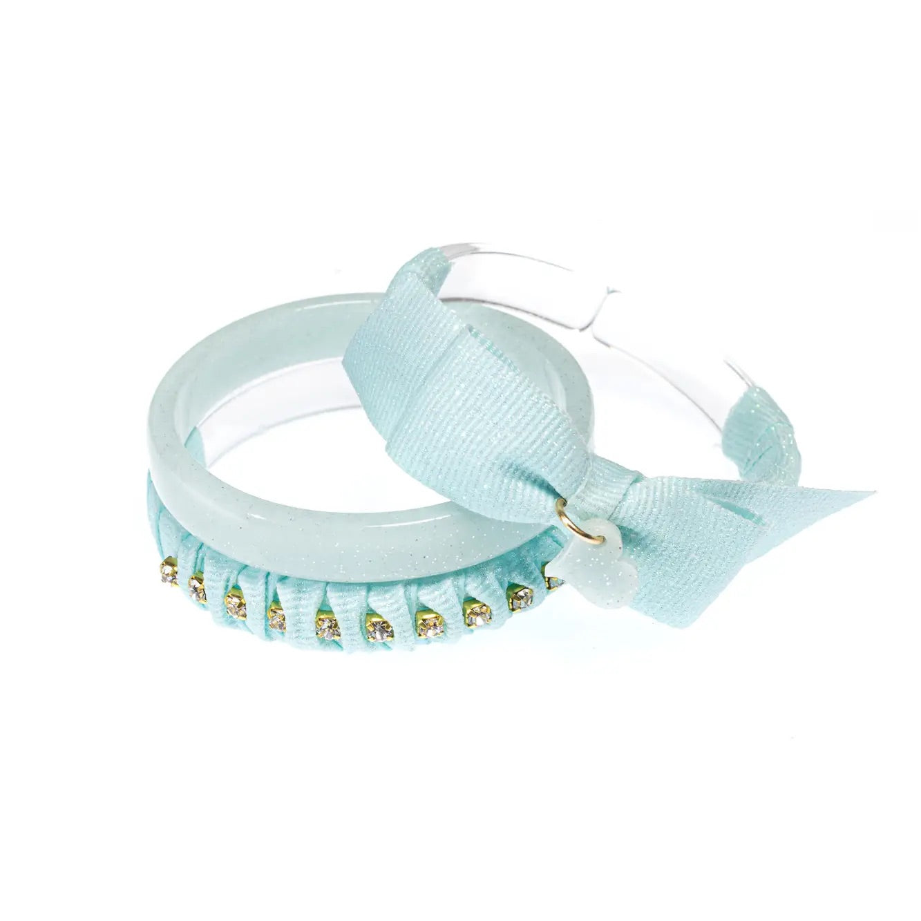 Lilies & Roses Single Fancy Mint Bangle Bracelet - Mint Fabric Bow / Solid Mint Sparkle / Mint Fabric with Gold
